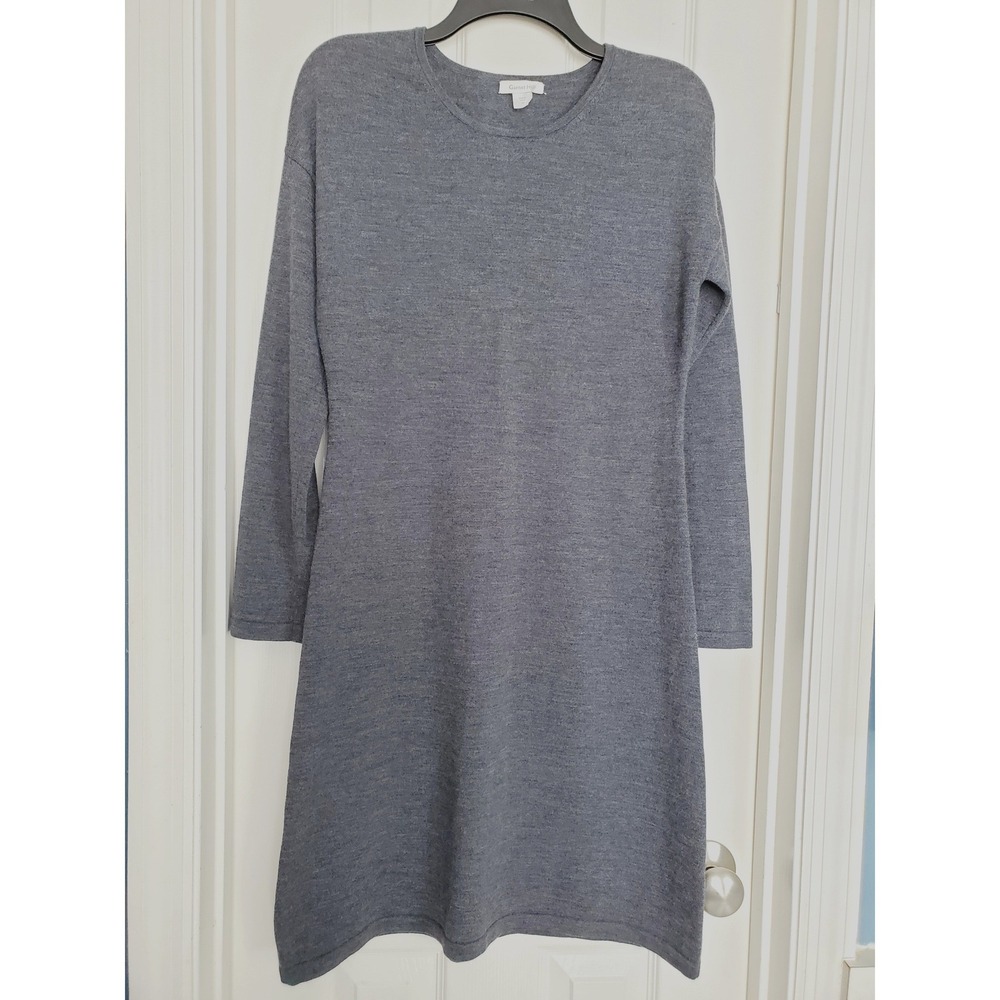 Garnet Hill Sweater Dress Grey Merino Wool Long Sleeve Knit Mini Dress Size M